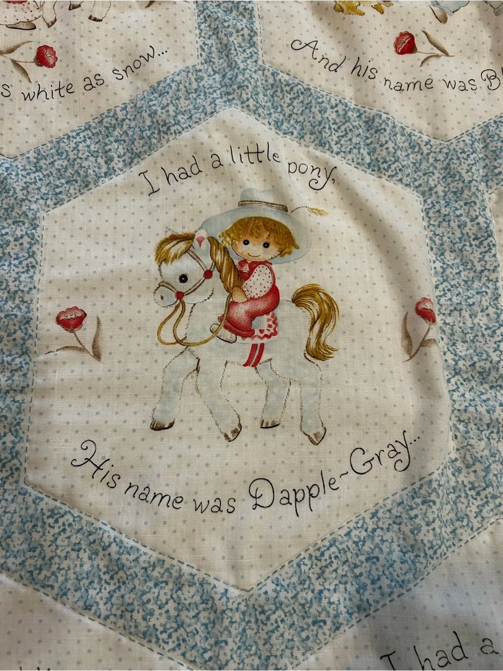 Vintage 80s baby blue and white blanket nursery rhyme spring mills hexagon 46x46